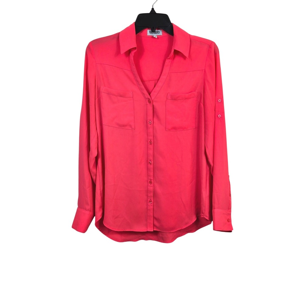 Express Portofino Women‎ Pink Chiffon Roll Tab Sleeve Button Shirt Small Peppy